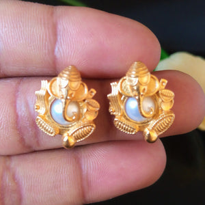 Handmade Pure Silver Pearl Ganesha Studs - Enumu