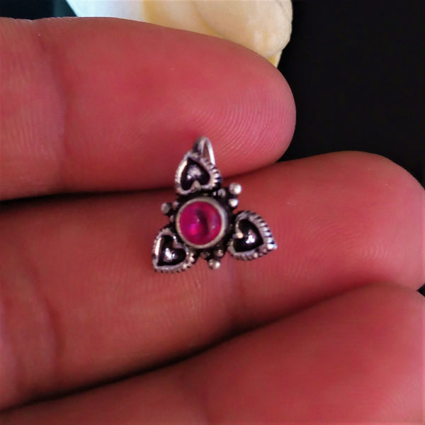 Handmade Pure Silver Uncut Ruby Nose Pin ( Non - Pierced ) - Enumu