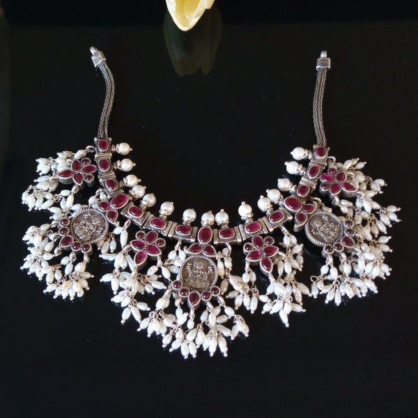 Two Sided / Reversible / Double Sided Pure Silver Oxidized Lakshmi Guttapusalu Necklace - Enumu