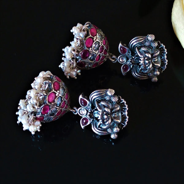 Handmade Oxidized Silver Ruby Pearl Jhumkas - Enumu