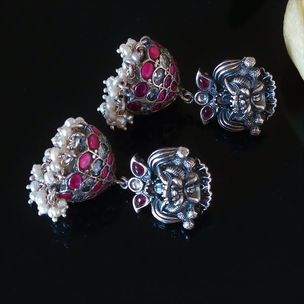 Handmade Oxidized Silver Ruby Pearl Jhumkas - Enumu