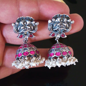 Handmade Oxidized Silver Ruby Pearl Jhumkas - Enumu