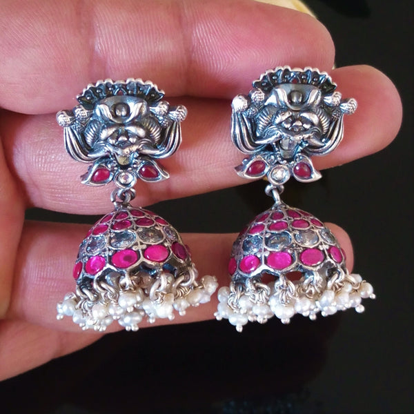 Handmade Oxidized Silver Ruby Pearl Jhumkas - Enumu