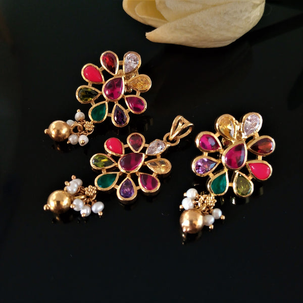 Handmade Pure Silver Navratna Ghungroo Pendant Set - Enumu