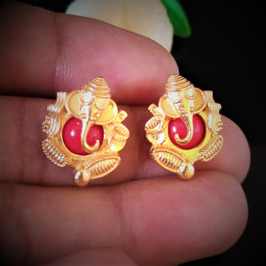 Handmade Pure Silver Coral Ganesha Studs - Enumu