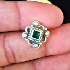 Handmade Pure Silver Emerald Nose Pin ( Pierced ) - Enumu