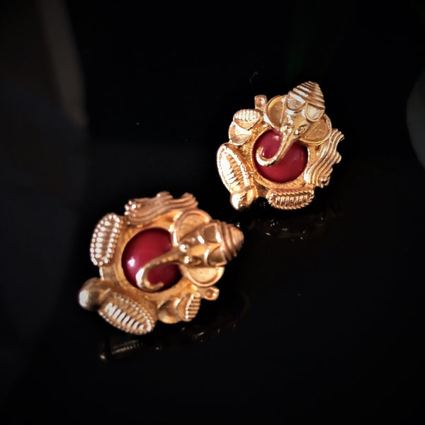 Handmade Pure Silver Coral Ganesha Studs - Enumu