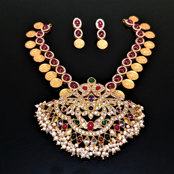 Pure Silver Navratna Coin Necklace Set ( Detachable Pendant ) - Enumu