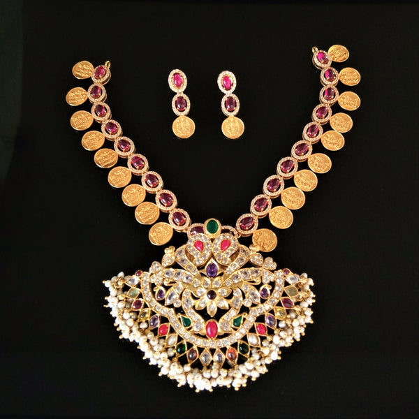 Pure Silver Navratna Coin Necklace Set ( Detachable Pendant ) - Enumu
