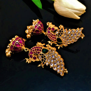 Handmade Pure Silver Peacock Kundan Jhumkas - Enumu