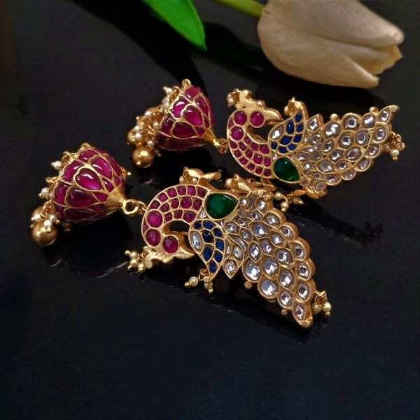 Handmade Pure Silver Peacock Kundan Jhumkas - Enumu