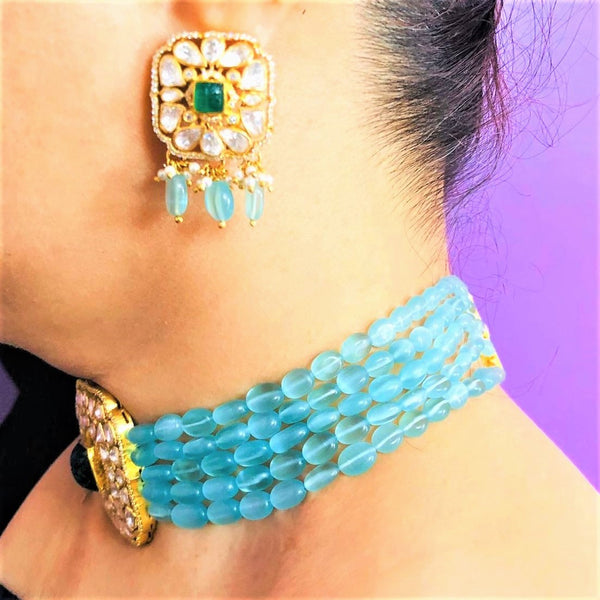 Pure Silver Moissanite Polki Carved Emerald Choker Necklace Earrings Set - Enumu