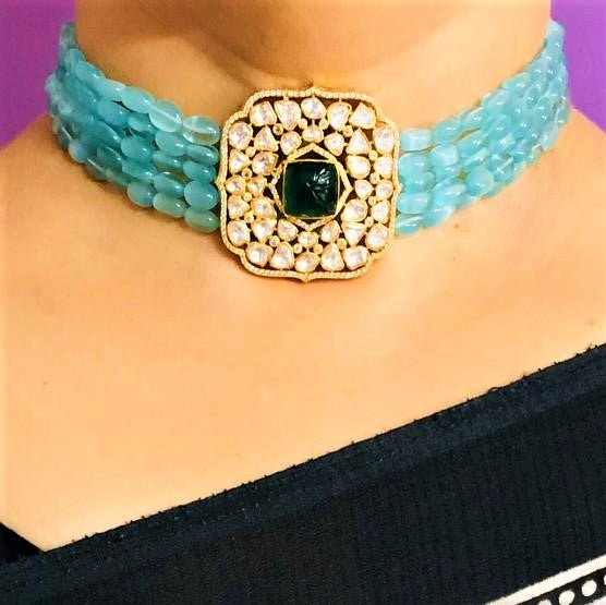 Pure Silver Moissanite Polki Carved Emerald Choker Necklace Earrings Set - Enumu