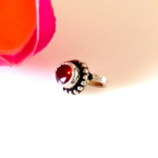 Handmade Pure Silver Garnet Nose Pin ( Non - Pierced ) - Enumu