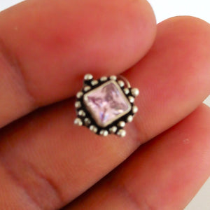 Handmade Pure Silver Pink Square Nose Pin ( Pierced ) - Enumu