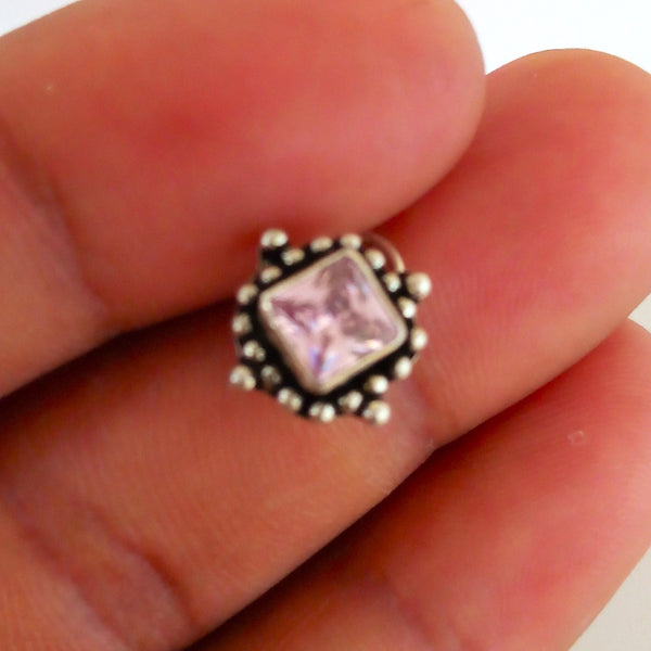 Handmade Pure Silver Pink Square Nose Pin ( Pierced ) - Enumu