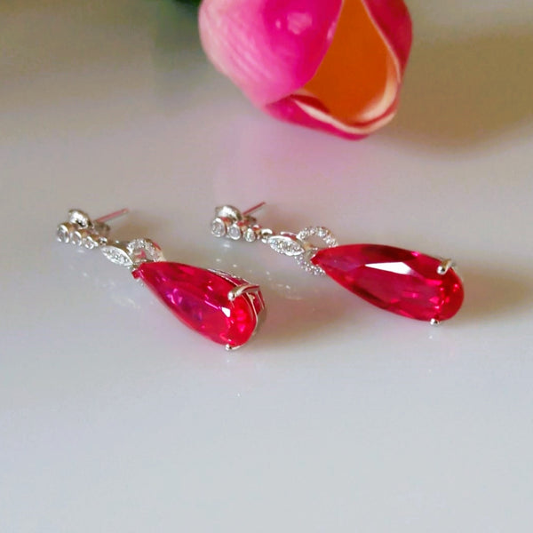 Pure 92.5 Sterling Silver Ruby & CZ Dangle Earrings - Enumu