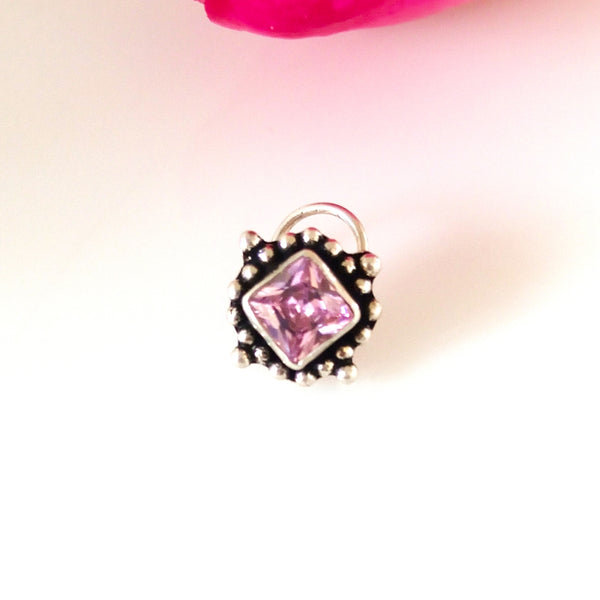 Handmade Pure Silver Pink Square Nose Pin ( Pierced ) - Enumu