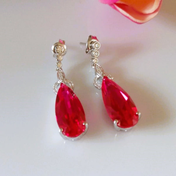 Pure 92.5 Sterling Silver Ruby & CZ Dangle Earrings - Enumu