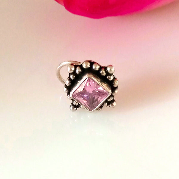 Handmade Pure Silver Pink Square Nose Pin ( Pierced ) - Enumu