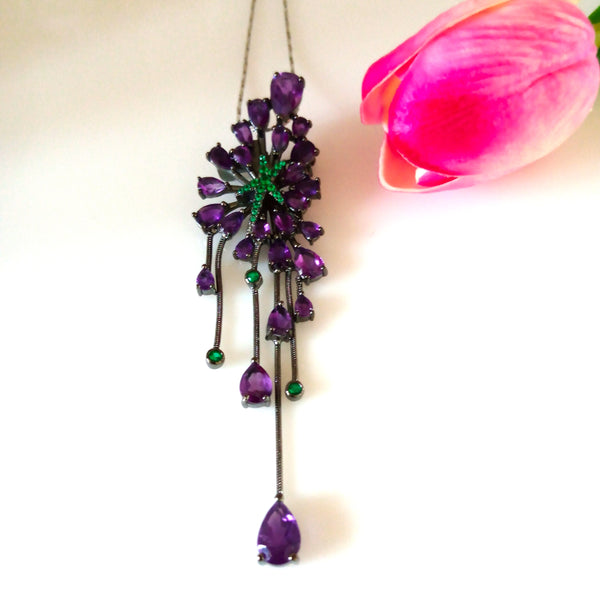 Huge 8.88 Ct Amethyst Pure Silver Pendant with Chain ( Can be used as Saree Pin/ Brooch ) - Enumu