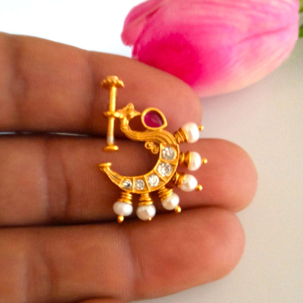 Pure Silver Ruby CZ Pearl Press Nose Pin ( Non - Pierced ) - Enumu