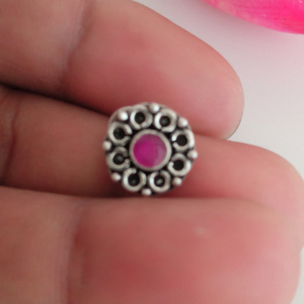Handmade Pure Silver Ruby Flower Nose Pin ( Pierced ) - Enumu