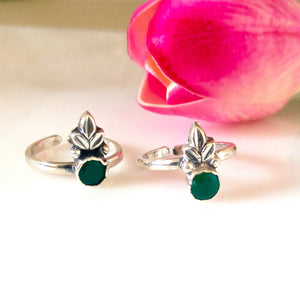 Adjustable 92.5 Pure Silver Emerald Leaves Toe Rings - Enumu