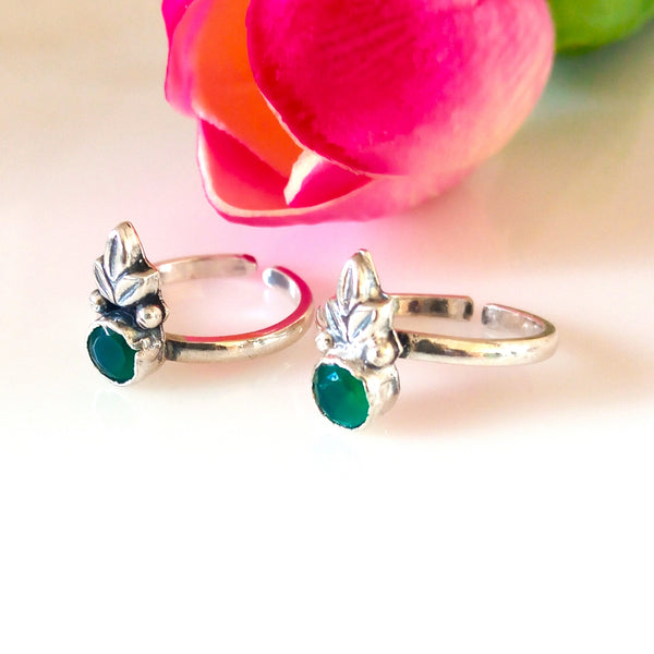 Adjustable 92.5 Pure Silver Emerald Leaves Toe Rings - Enumu