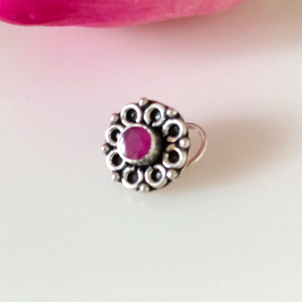 Handmade Pure Silver Ruby Flower Nose Pin ( Pierced ) - Enumu