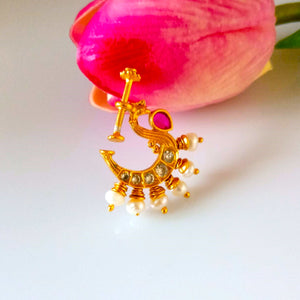 Pure Silver Ruby CZ Pearl Press Nose Pin ( Non - Pierced ) - Enumu