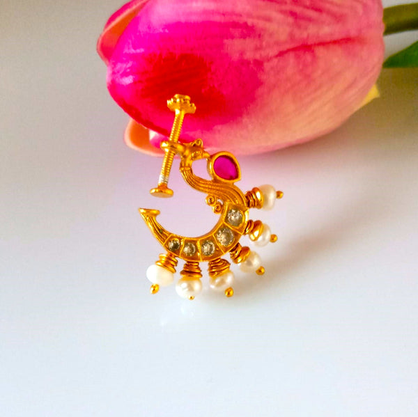 Pure Silver Ruby CZ Pearl Press Nose Pin ( Non - Pierced ) - Enumu