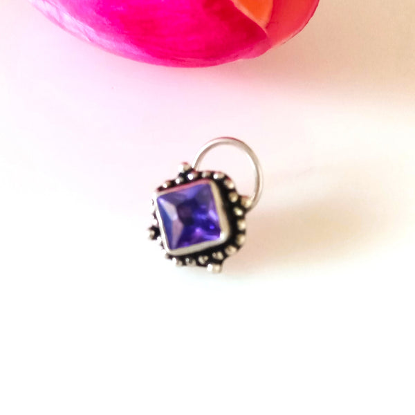Pure Silver Amethyst Nose Pin ( Pierced ) - Enumu