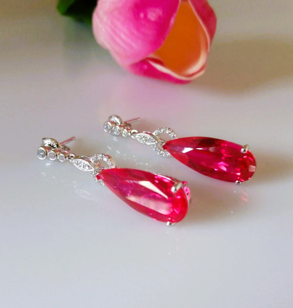 Pure 92.5 Sterling Silver Ruby & CZ Dangle Earrings - Enumu