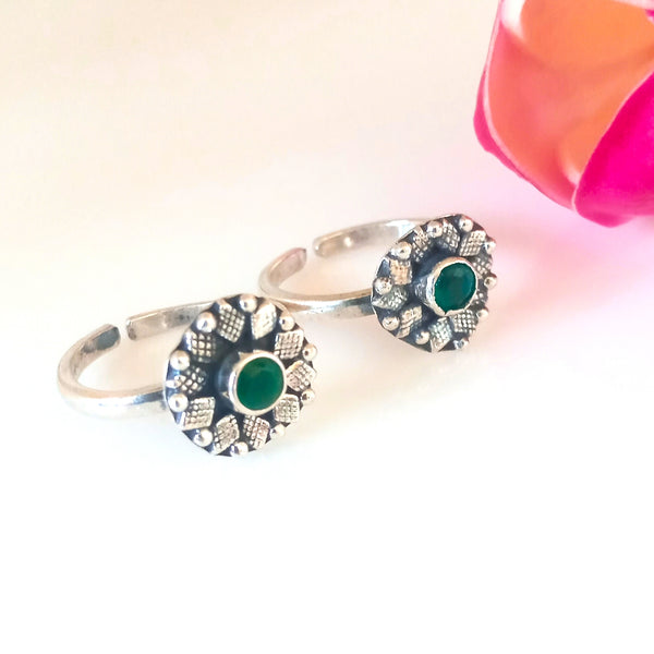 Adjustable Big 92.5 Pure Silver Emerald Flower Toe Rings - Enumu