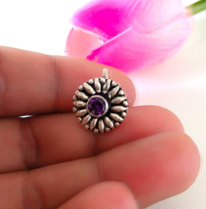 Big Handmade Pure Silver Amethyst Nose Pin ( Non - Pierced ) - Enumu