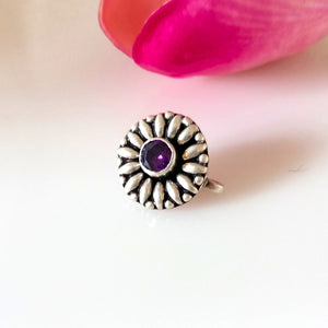 Big Handmade Pure Silver Amethyst Nose Pin ( Non - Pierced ) - Enumu