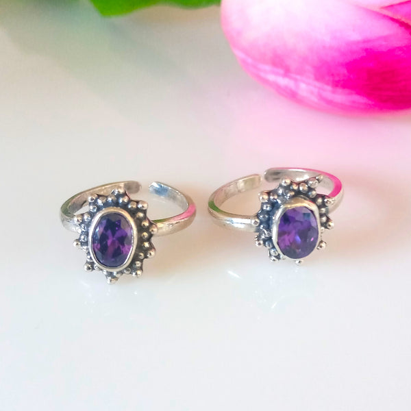 Adjustable 92.5 Pure Silver Amethyst Toe Rings - Enumu