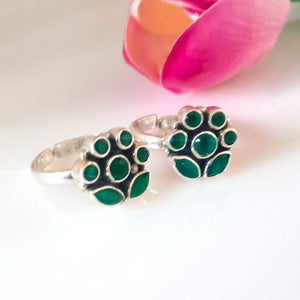 Adjustable 92.5 Pure Silver Emerald Toe Rings - Enumu