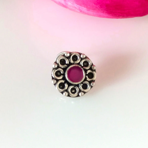 Handmade Pure Silver Ruby Flower Nose Pin ( Pierced ) - Enumu