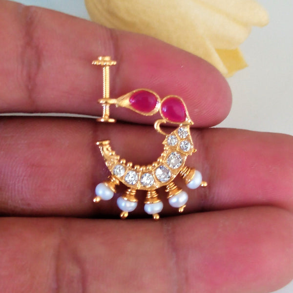 Pure Silver Ruby Pearl Press Nose Pin - Enumu