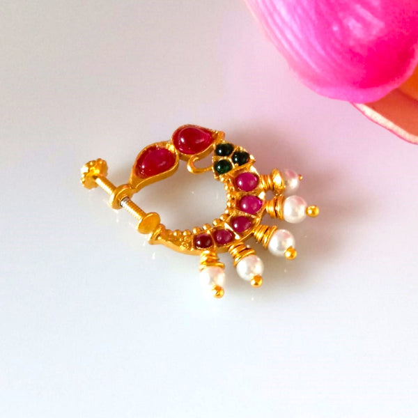 Pure Silver Ruby Emerlad Pearl Press Nose Pin ( Non - Pierced ) - Enumu