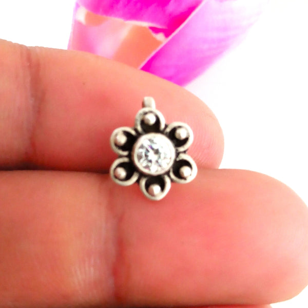 Handmade Pure Silver Flower Zircon Nose Pin ( Non - Pierced ) - Enumu