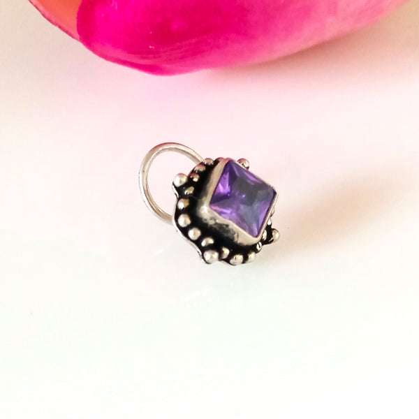 Pure Silver Amethyst Nose Pin ( Pierced ) - Enumu