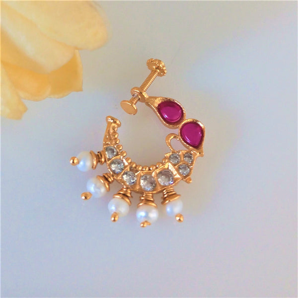 Pure Silver Ruby Pearl Press Nose Pin - Enumu