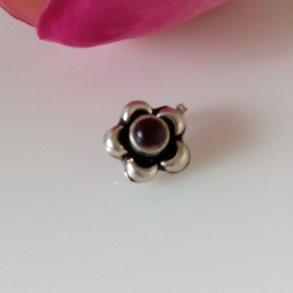 Pure Silver Garnet Flower Nose Pin (Non - Pierced ) - Enumu