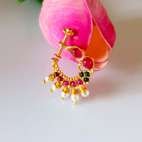Pure Silver Ruby Emerlad Pearl Press Nose Pin ( Non - Pierced ) - Enumu