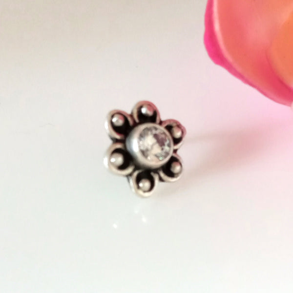 Handmade Pure Silver Flower Zircon Nose Pin ( Non - Pierced ) - Enumu