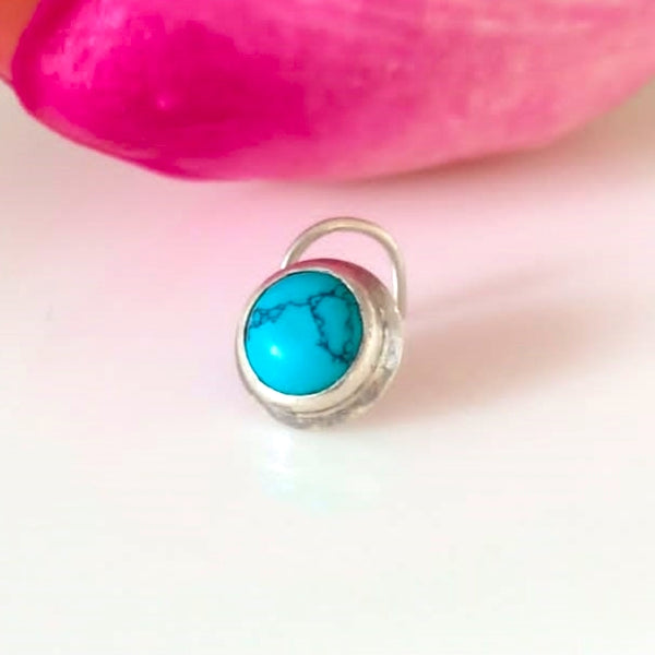 Handmade Pure Silver Turquoise Nose Pin ( Pierced ) - Enumu