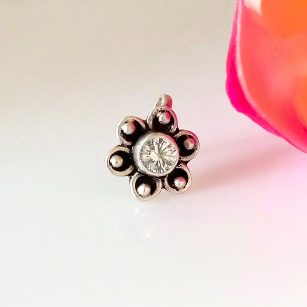 Handmade Pure Silver Flower Zircon Nose Pin ( Non - Pierced ) - Enumu